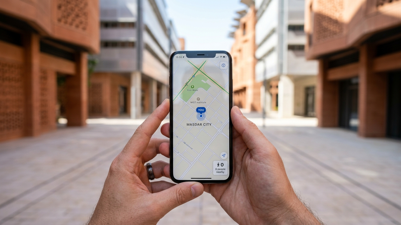 Visão em primeira pessoa de um celular indicando ausência de pessoas em rua vazia.