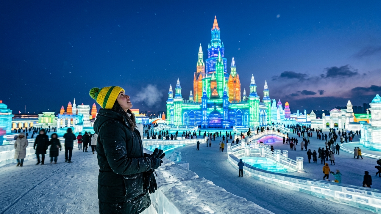 Turista Brasileira impressionada diante de palácio de gelo iluminado em Harbin.