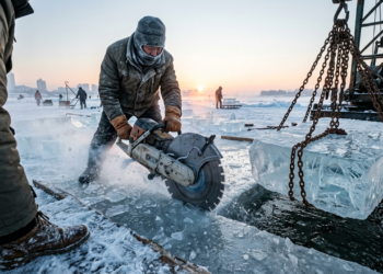 Trabalhador cortando blocos maciços de gelo cristalino no rio Songhua.