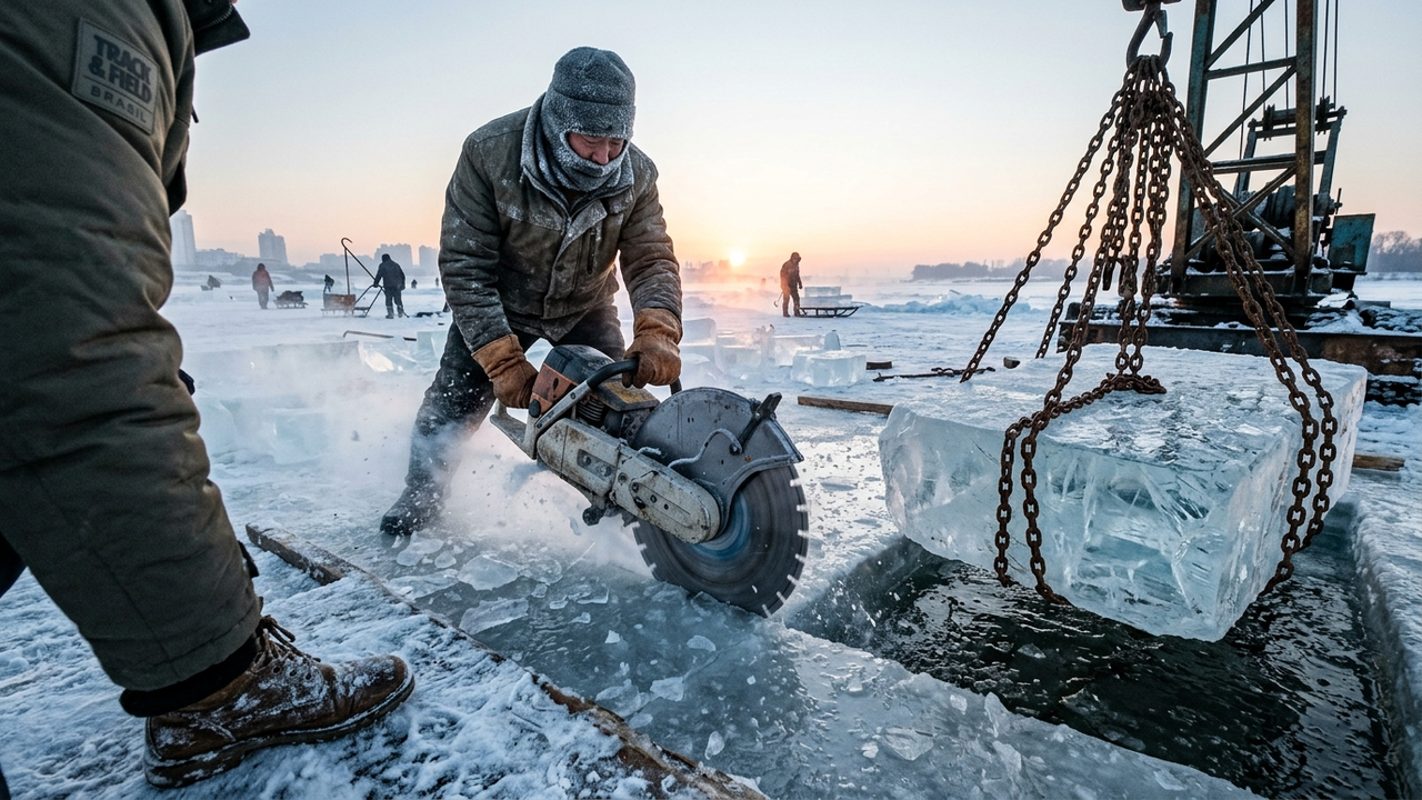 Trabalhador cortando blocos maciços de gelo cristalino no rio Songhua.