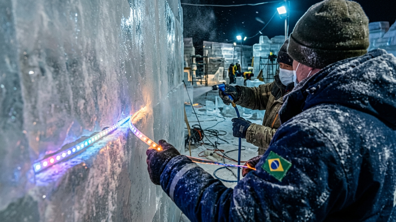 Técnicos embutindo luzes LED e "soldando" blocos de gelo com água.