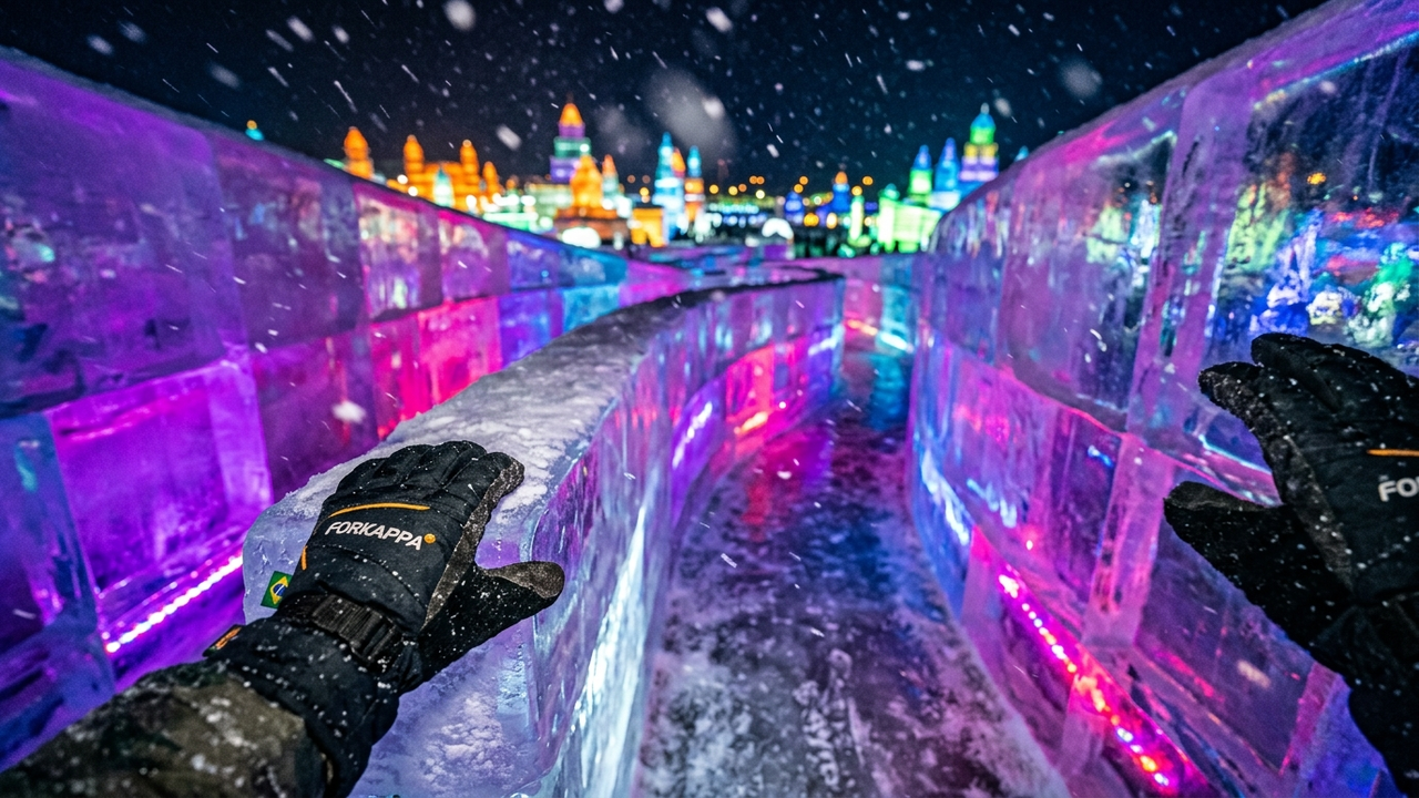 Visão POV caminhando por labirinto de gelo com luzes internas vibrantes.
