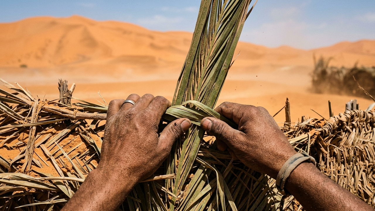 Visão em primeira pessoa reforçando barreira de palmeiras contra o avanço das dunas.