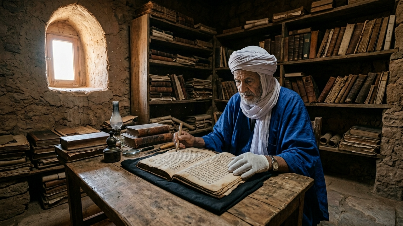 Curador em traje tradicional manuseando manuscritos antigos em biblioteca de pedra.