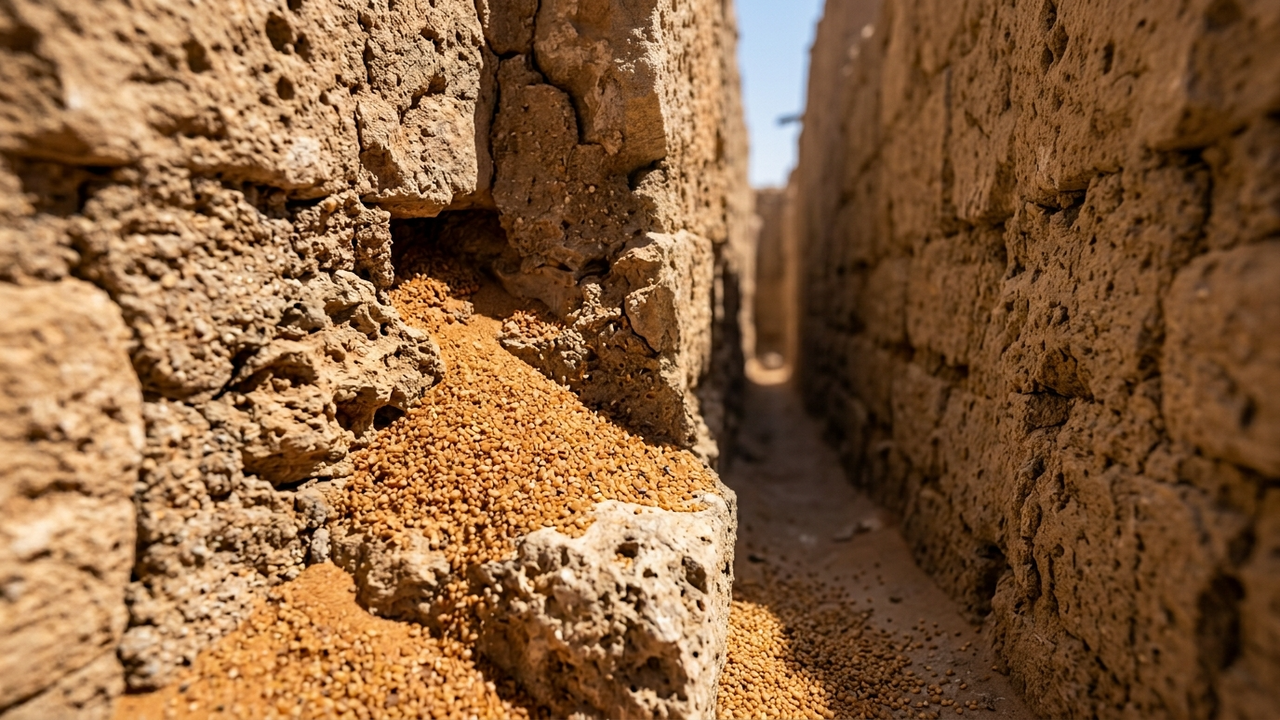 Close detalhado de areia fina invadindo as frestas de um muro de pedra secular.