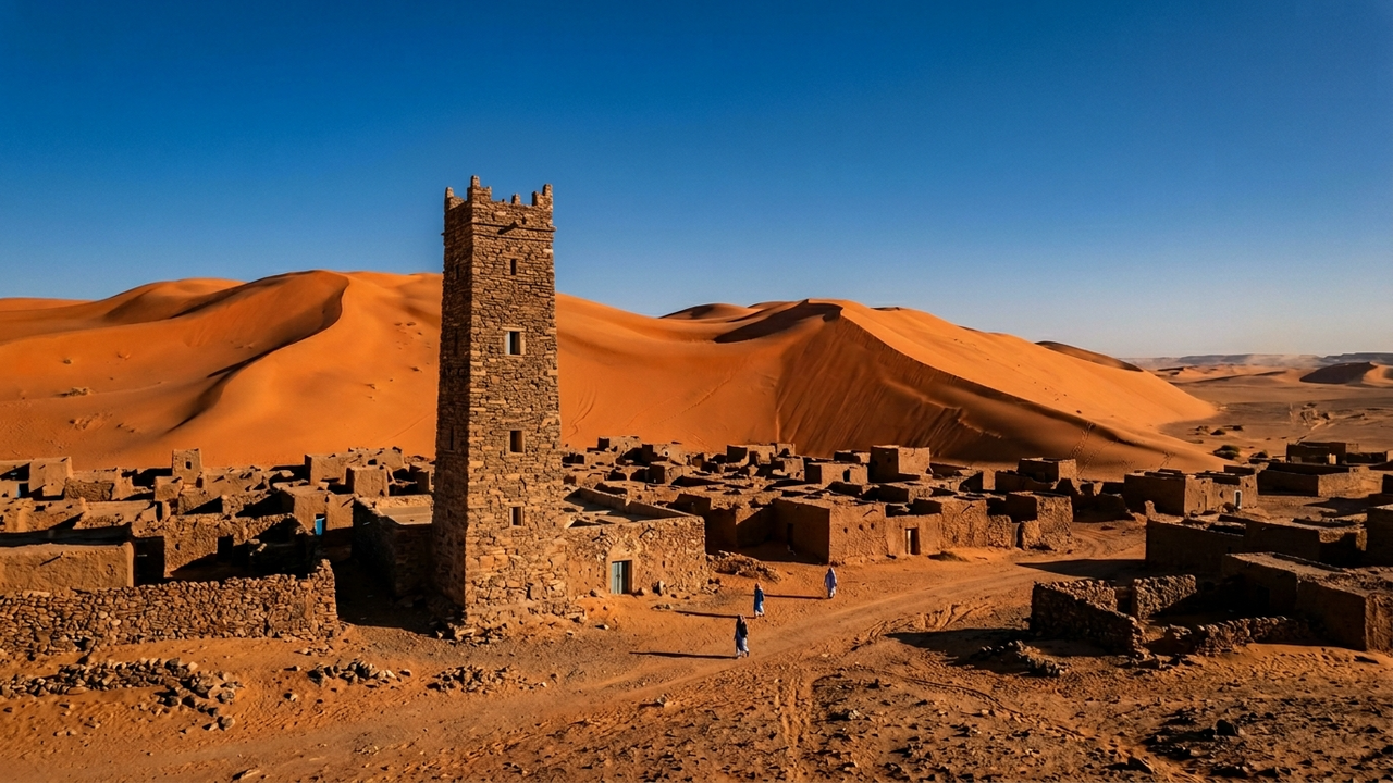 Minarete de pedra de Chingueti cercado por dunas gigantescas sob o sol do entardecer.