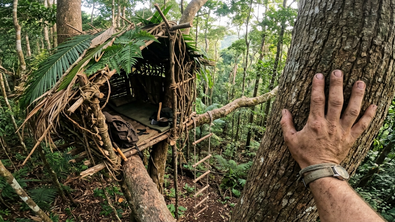 Cabana orgânica construída no topo de uma árvore colossal sob a luz dourada da floresta.