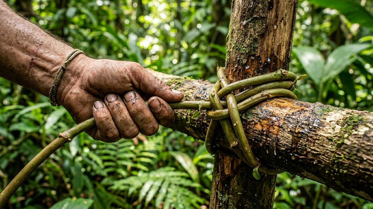 Detalhe macro de mãos calejadas amarrando troncos com cipós verdes na construção do abrigo.
