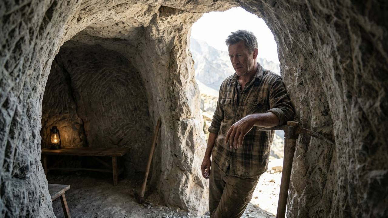 Homem determinado segurando picareta na entrada de sua casa de pedra.