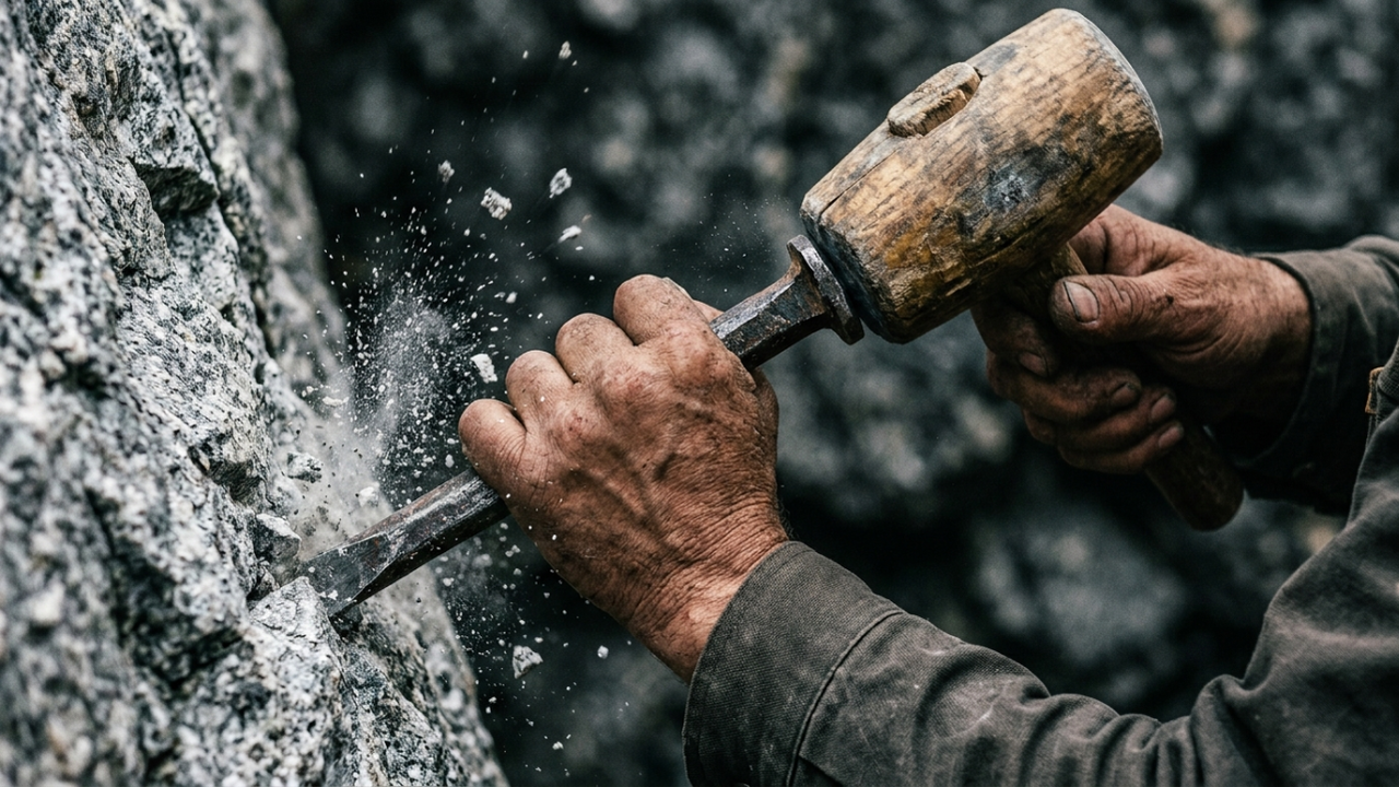 Detalhe em close de mãos calejadas esculpindo a rocha bruta.