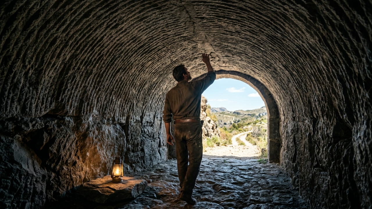 Visão interna do túnel de pedra mostrando a estrutura em arco.