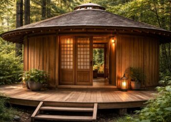 Artesão japonês constrói iurta de madeira circular no meio da floresta