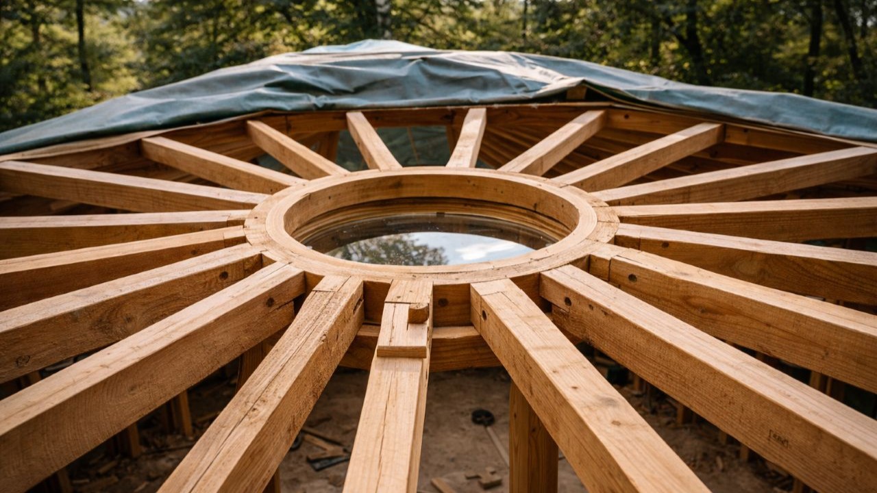 Artesão japonês constrói iurta de madeira circular no meio da floresta