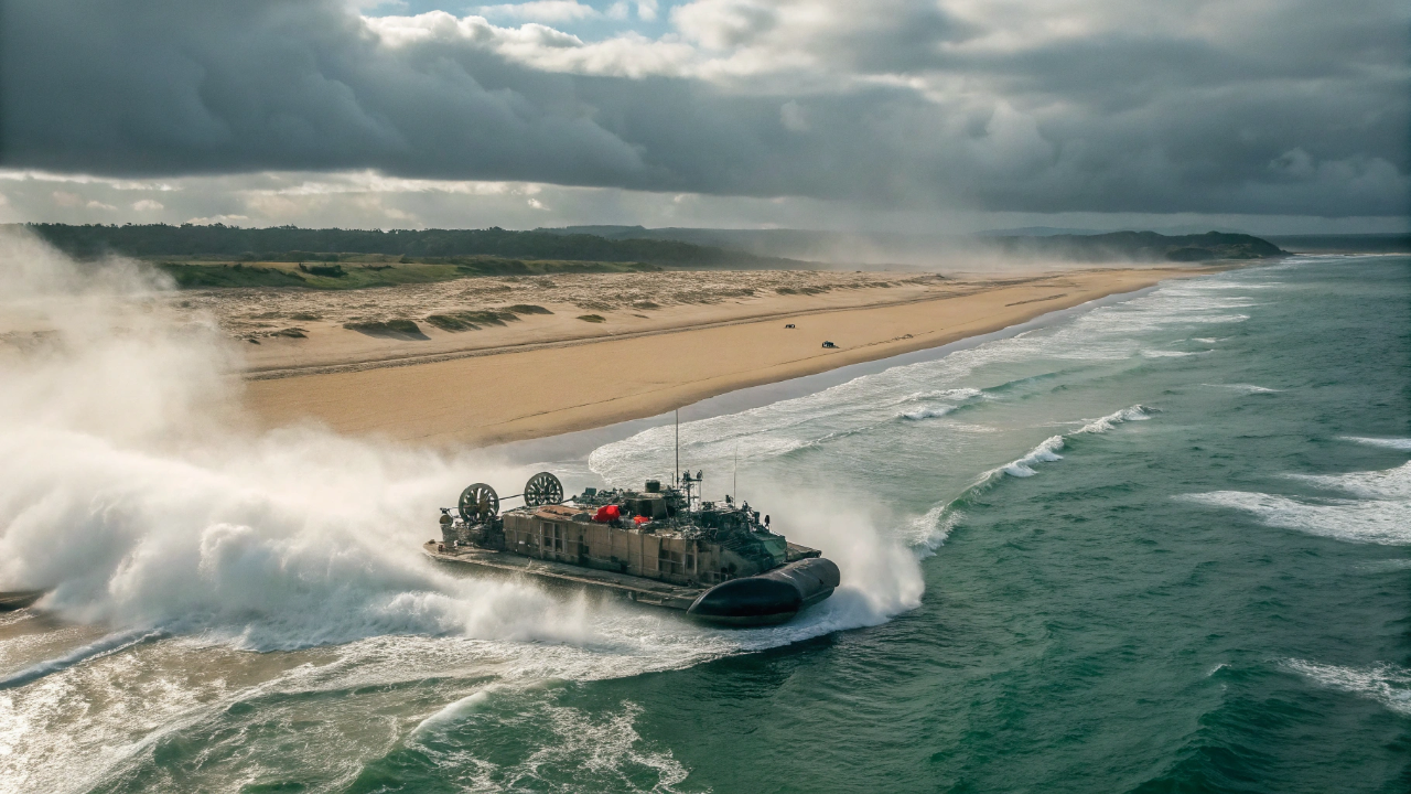 O maior hovercraft militar do planeta que flutua sobre campos minados carregando 3 tanques pesados e 140 soldados