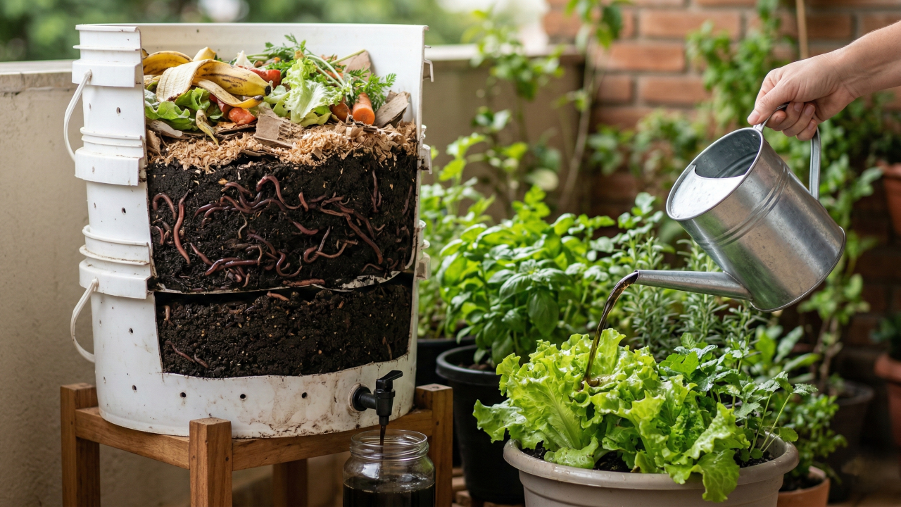 Restos de frutas e legumes viram húmus no minhocário e o chorume diluído completa a rega de hortas e jardins caseiros