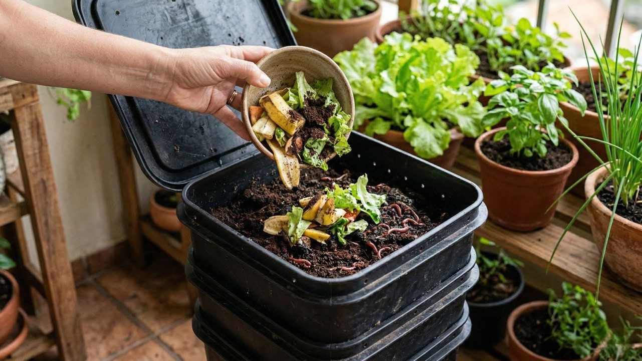 Restos de frutas e legumes viram húmus no minhocário e o chorume diluído completa a rega de hortas e jardins caseiros