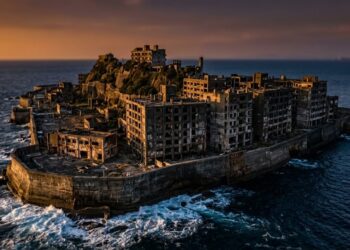 Hashima destaca-se como a "Ilha Couraçado" (Gunkanjima), uma das maiores densidades populacionais que o mundo já viu (imagem ilustrativa)