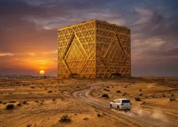 O gigantesco cubo dourado Mukaab dominando o horizonte do deserto ao pôr do sol (imagem ilustrativa)