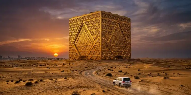 O gigantesco cubo dourado Mukaab dominando o horizonte do deserto ao pôr do sol (imagem ilustrativa)
