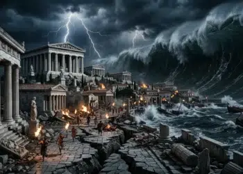 Uma onda gigante engole os templos de Helike durante a noite do desastre (imagem ilustrativa)