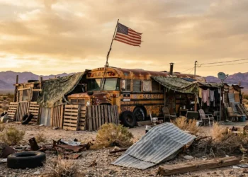 O acampamento permanente no deserto sem água encanada sem energia e sem leis que abriga 4000 pessoas no inverno