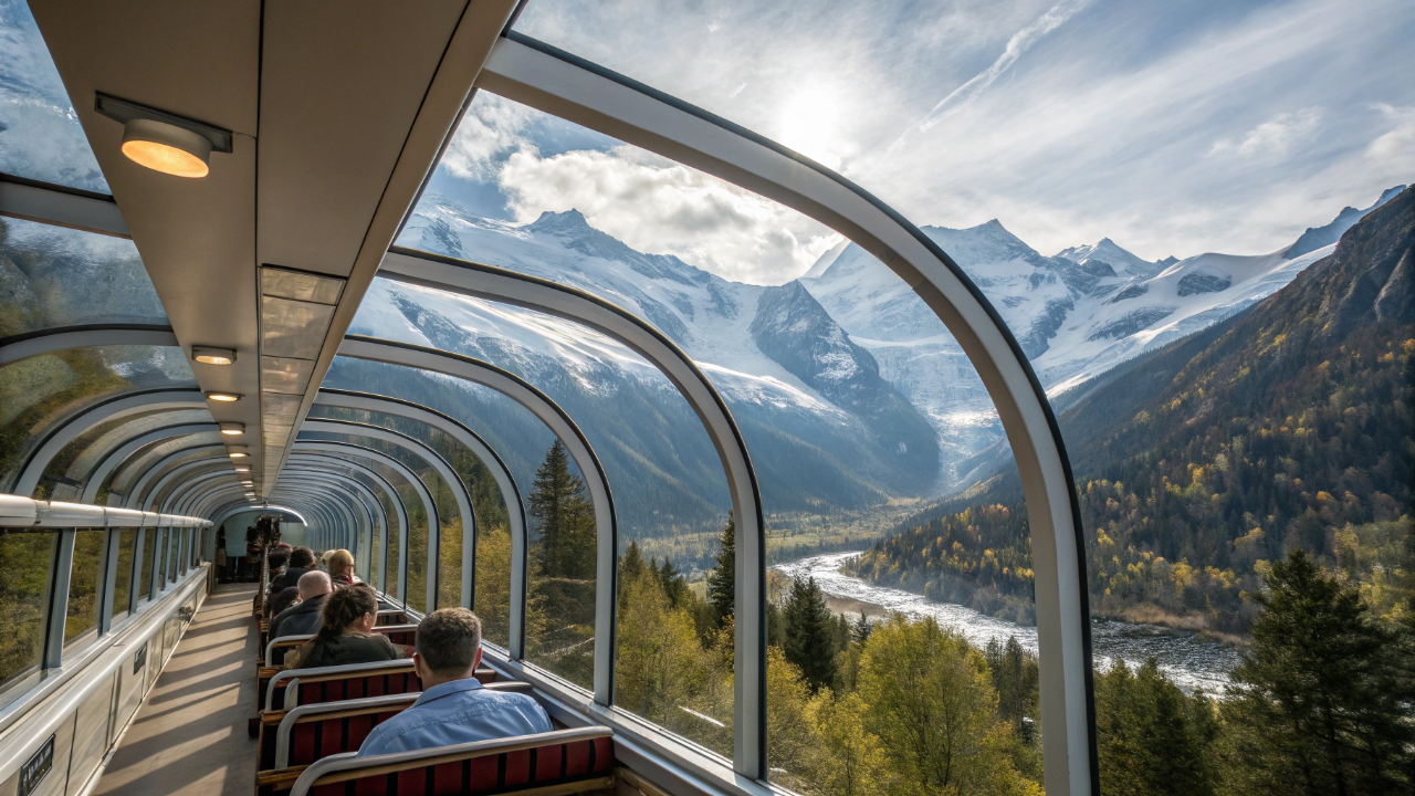 Esse trem tem teto de vidro e passa por geleiras e montanhas como se fosse um cinema ao vivo