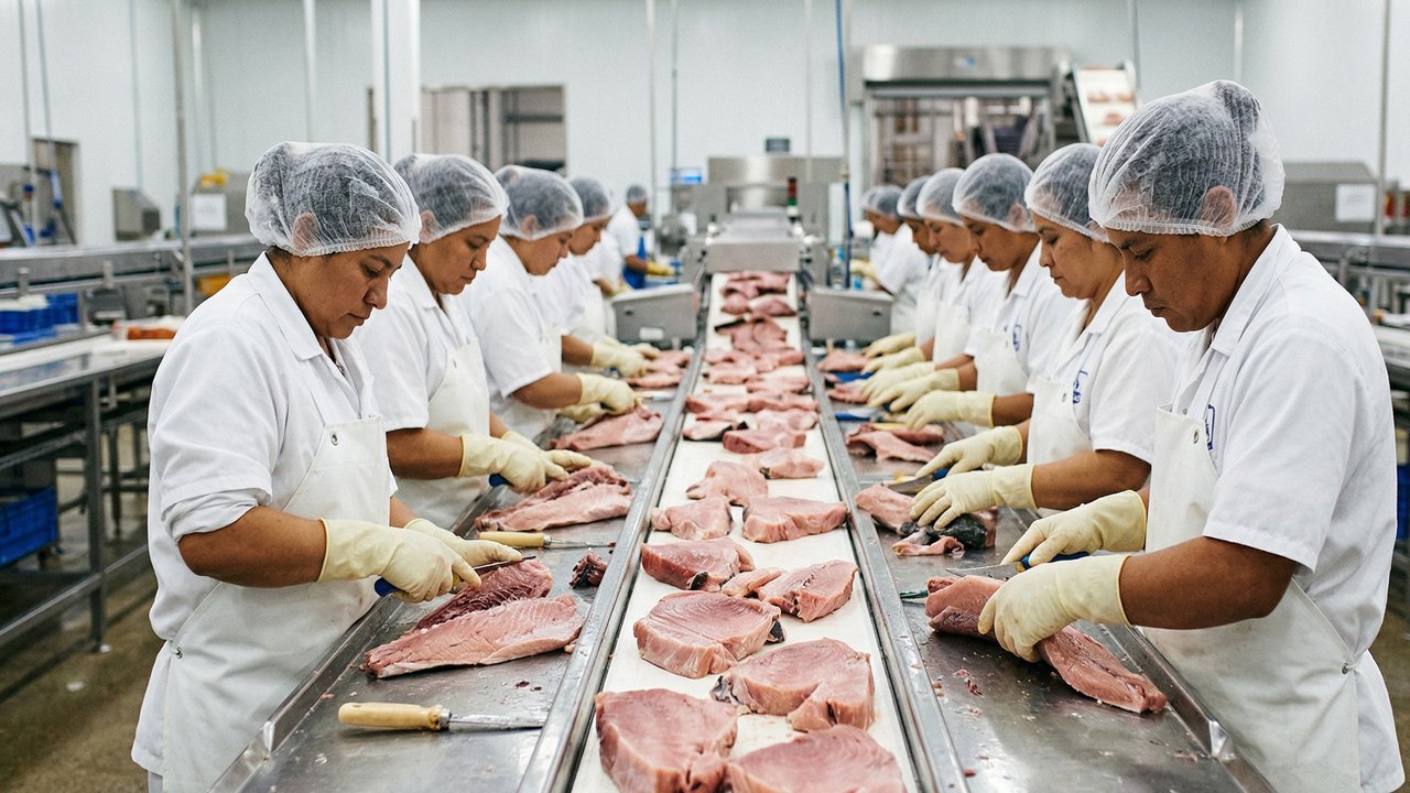 Com cozimento em autoclave e limpeza manual rigorosa, o processamento industrial de atum garante anos de validade na lata, mantendo o padrão mundial