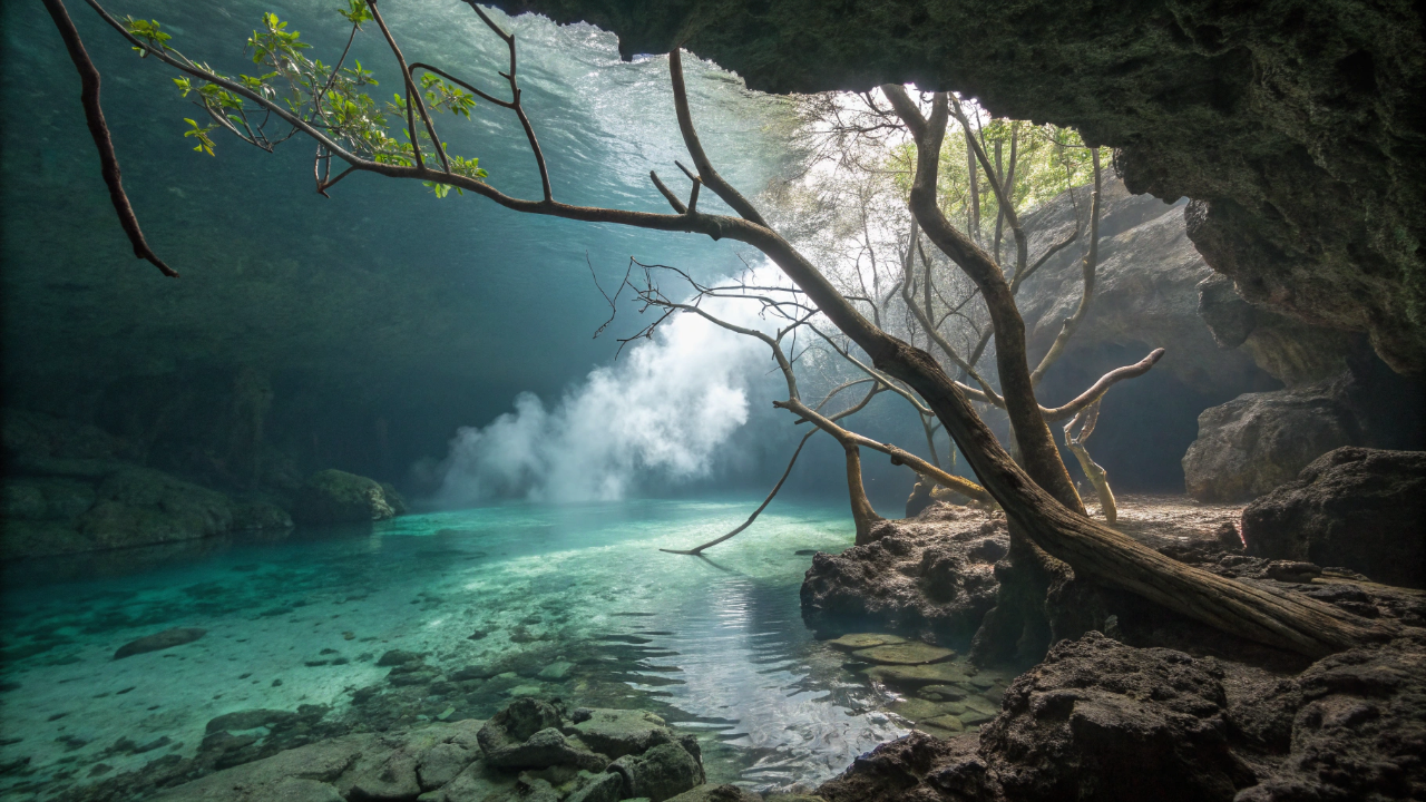 Mergulhadores encontram um rio correndo debaixo d'água e coberto por névoa no fundo de uma caverna no México