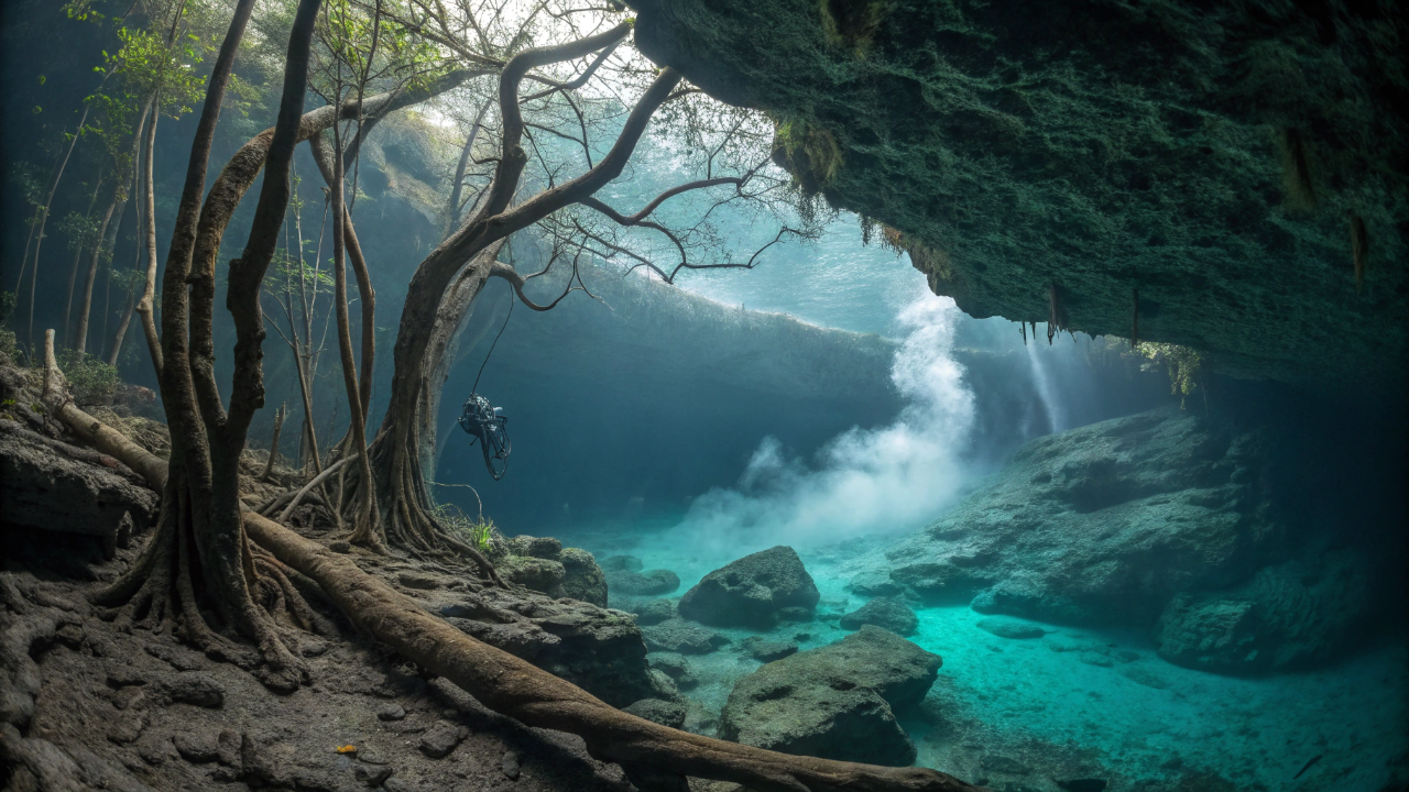 Mergulhadores encontram um rio correndo debaixo d'água e coberto por névoa no fundo de uma caverna no México