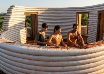 Também conhecida como superadobe, a técnica dos sacos de terra consiste em preencher sacos resistentes com solo levemente umedecido e compactá-los manualmente