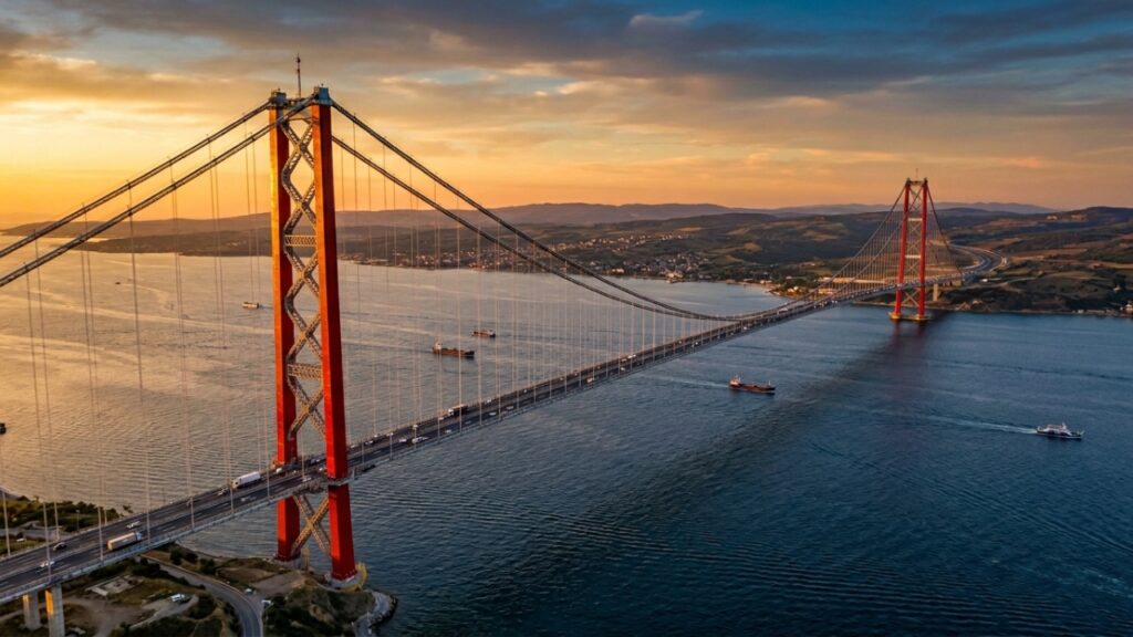 Com mais de 4.600 metros de extensão a ponte que liga a Europa à Ásia virou a maior estrutura suspensa do mundo e suporta ventos de furacão