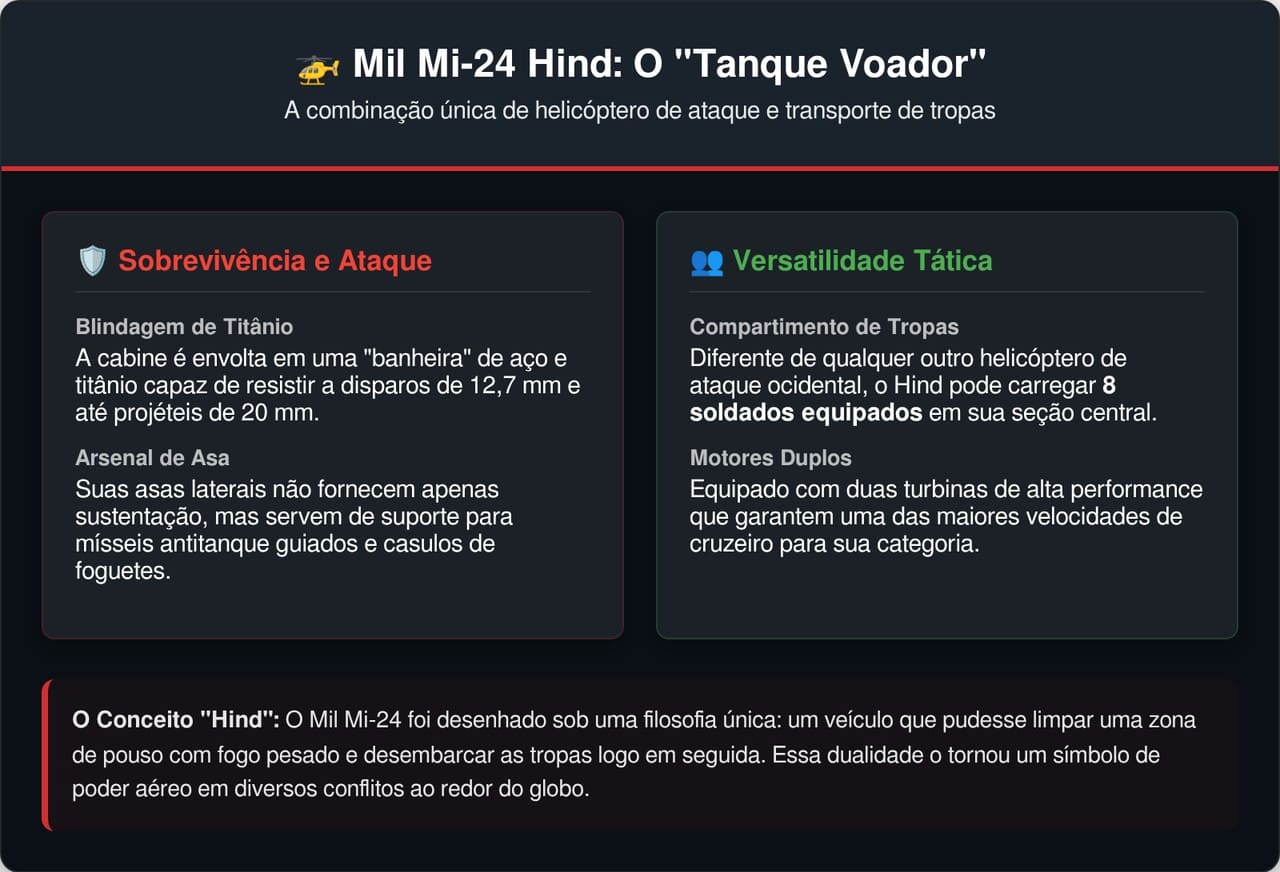 A blindagem de aço e titânio do MI-24 Hind faz dele o único helicóptero do mundo que rivaliza com um tanque