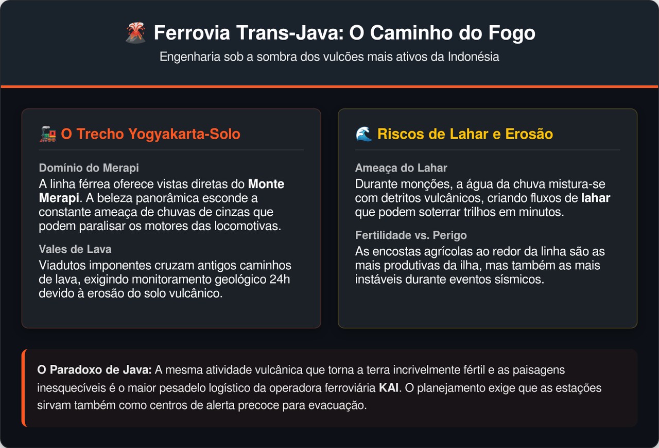 A ferrovia que passa ao lado de um dos vulcões mais ativos do mundo transporta milhares de passageiros todo dia