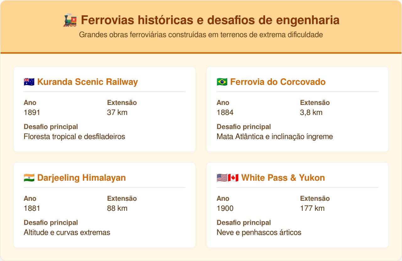 A perigosa ferrovia tropical escavada à mão que atravessa uma floresta com mais de 130 milhões de anos passando a centímetros de cachoeiras gigantes