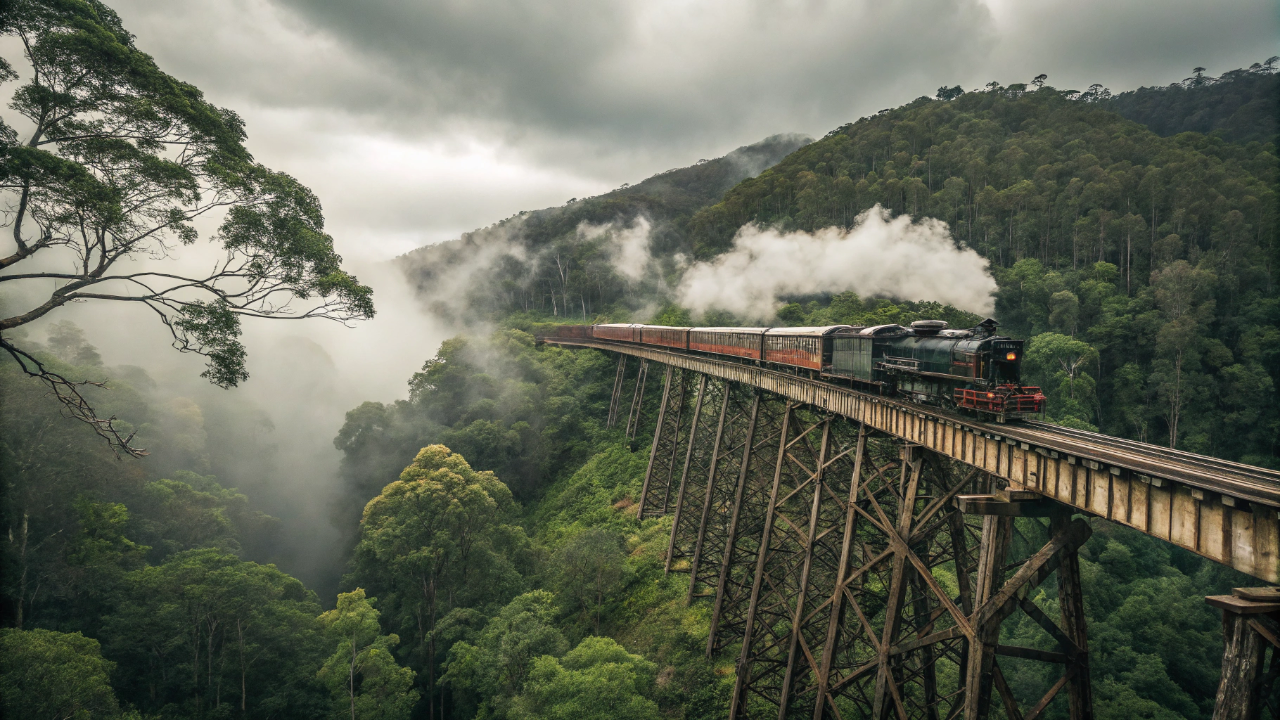 A perigosa ferrovia tropical escavada à mão que atravessa uma floresta com mais de 130 milhões de anos passando a centímetros de cachoeiras gigantes