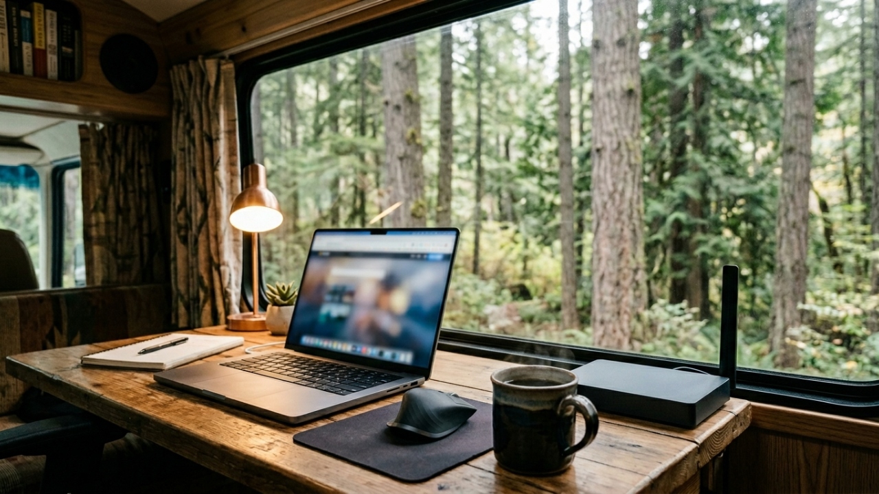 Transformado em mansão móvel com cinco painéis solares e caixa de água de 600 litros, o antigo ônibus de viagem vira a casa definitiva no campo