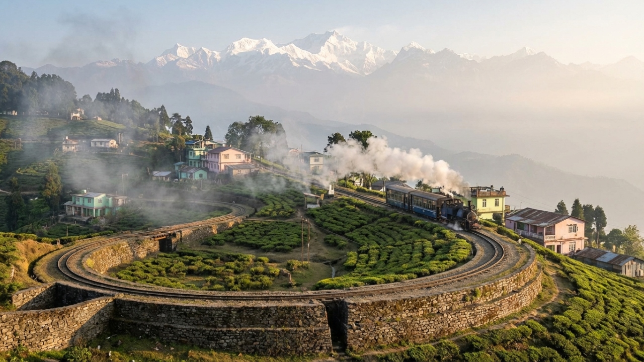A histórica ferrovia de bitola estreita que escala os Himalaias até 2258 metros de altitude usando um engenhoso sistema de ziguezague