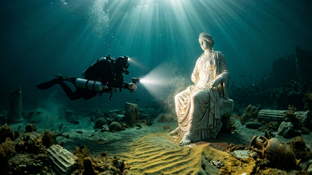 Submerso a quatro metros de profundidade, o luxuoso palácio romano de 2.000 anos revela pisos de mármore intocados no fundo do mar Mediterrâneo