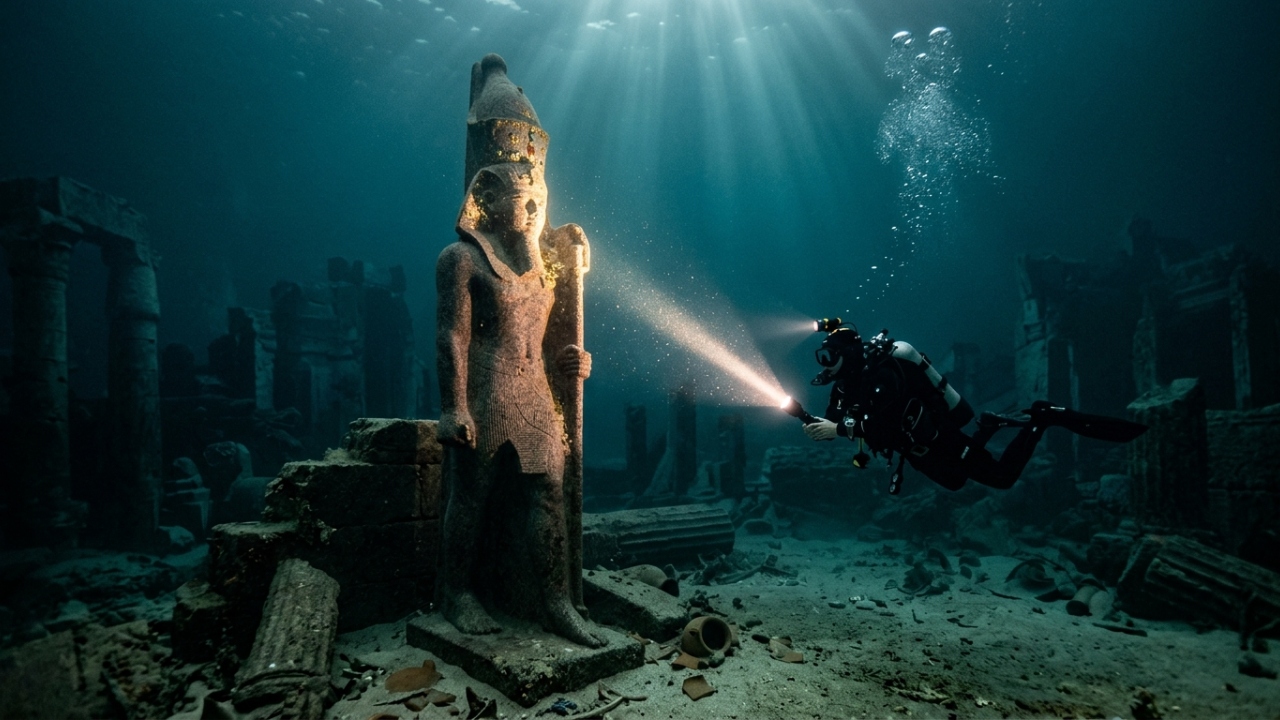Localizada a 30 metros de profundidade no Egito, a estátua de cinco metros e os templos de ouro de uma cidade submersa revelam ritos religiosos de 1.200 anos