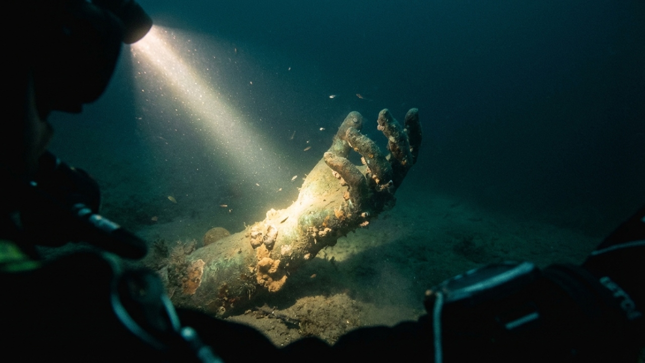Repousando a 50 metros de profundidade, o maior navio naufragado da antiguidade revela braços de bronze e estátuas de mármore perdidas há 2.000 anos
