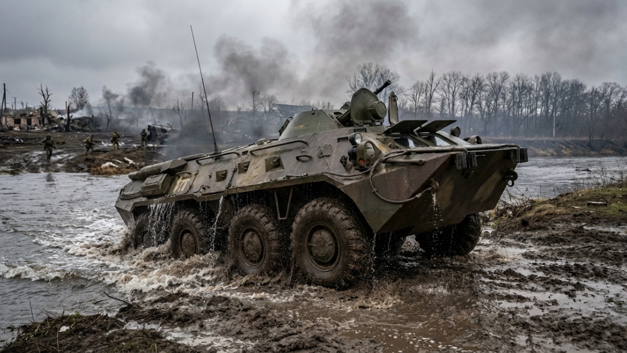 O clássico anfíbio BTR-70 com tração 8x8 e dois motores a gasolina garante o transporte de tropas em terrenos hostis há mais de 40 anos