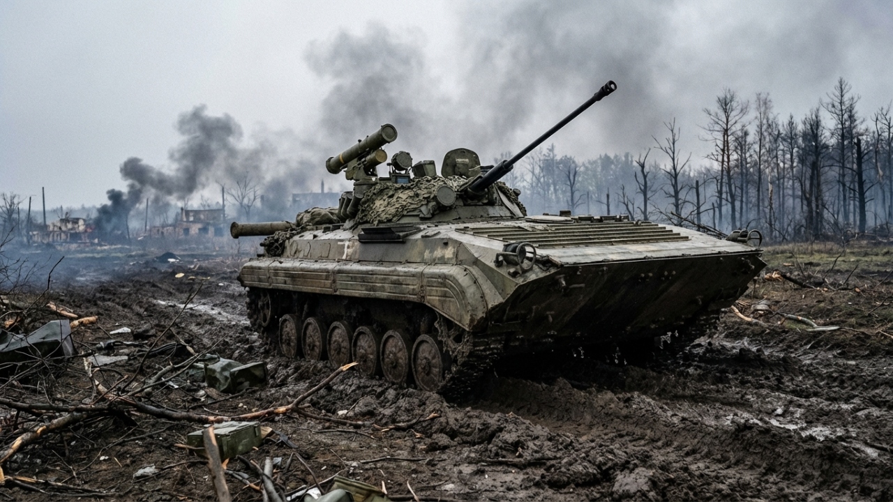 O blindado soviético BMP-2 equipado com canhão de 30 mm e mísseis antitanque continua sendo uma peça central em conflitos modernos no Leste Europeu