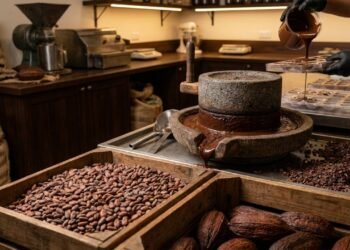 Com torrefação exata a 120°C e moagem de pedra, o cacau bruto surge como a barra de chocolate perfeita após dias de processo