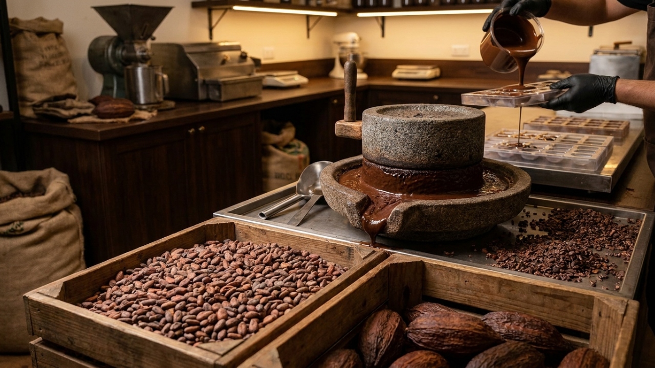 Com torrefação exata a 120°C e moagem de pedra, o cacau bruto surge como a barra de chocolate perfeita após dias de processo