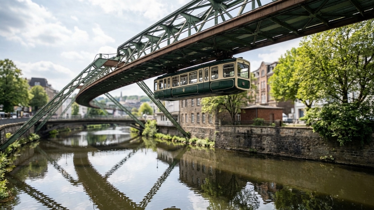 O trem suspenso com 120 anos de história que flutua a 12 metros de altura sobre um rio alemão transportando 82 mil pessoas por dia