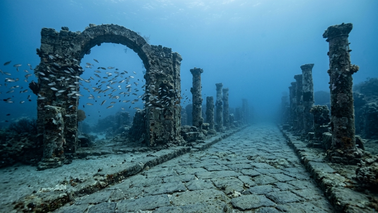 Submerso a quatro metros de profundidade, o luxuoso palácio romano de 2.000 anos revela pisos de mármore intocados no fundo do mar Mediterrâneo