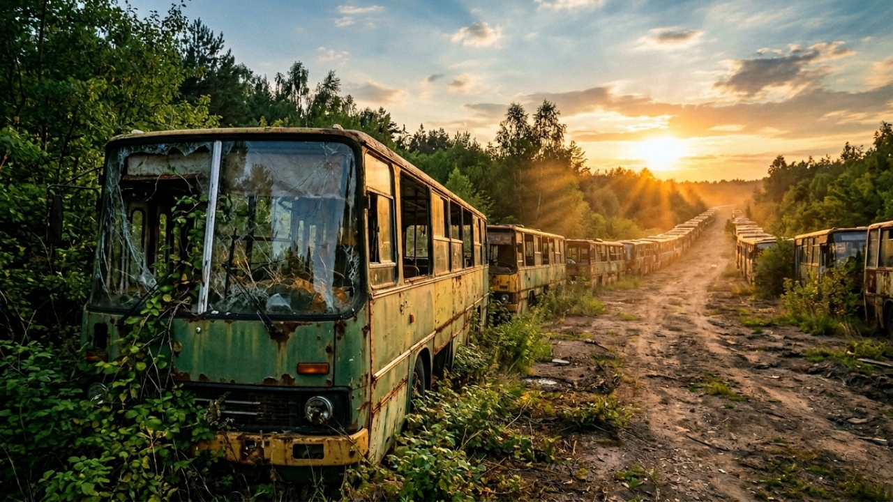 Comboio de ônibus militares abandonados em zona de exclusão revela como a civilização soviética evacuou cidades em tempo recorde
