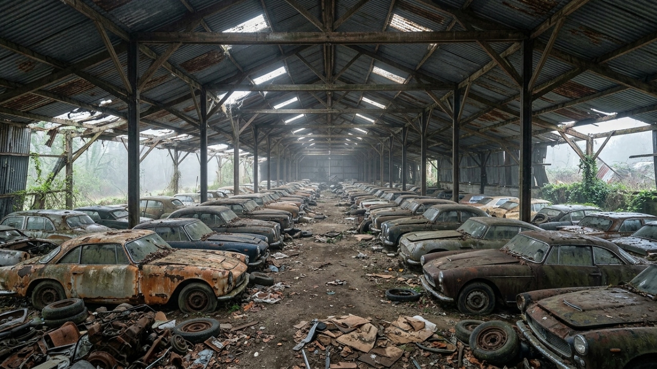 Esquecidos em um castelo na França por mais de 50 anos, 60 carros clássicos raros avaliados em 15 milhões de euros foram encontrados cobertos por jornais antigos e poeira