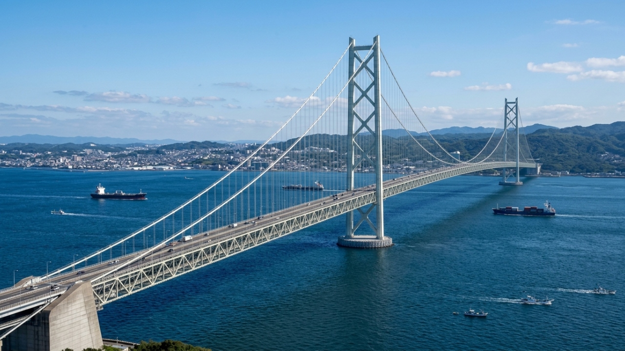 Suportando ventos de 286 km/h com cabos de aço reforçado, a ponte japonesa que possui quatro quilômetros de extensão une duas grandes ilhas