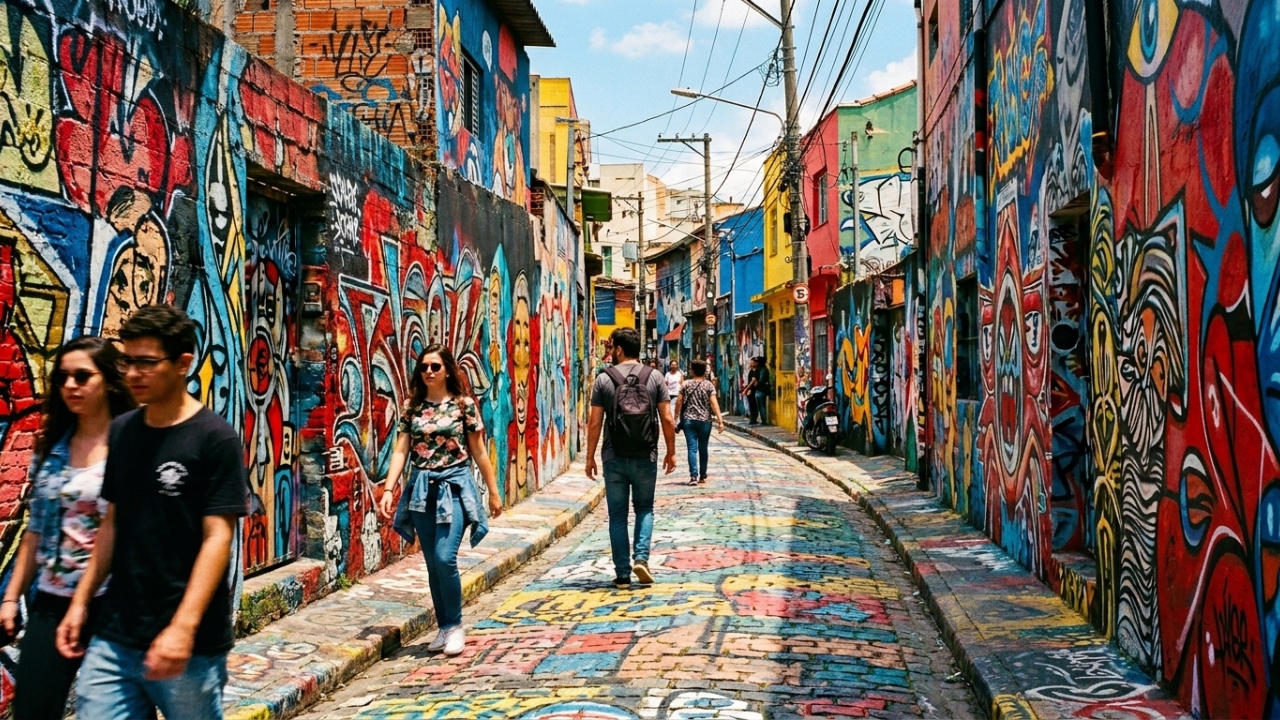 Travessa urbana em São Paulo ganha fama por seus grafites, pois seus 150 metros de paredes coloridas viraram a galeria aberta da Vila Madalena